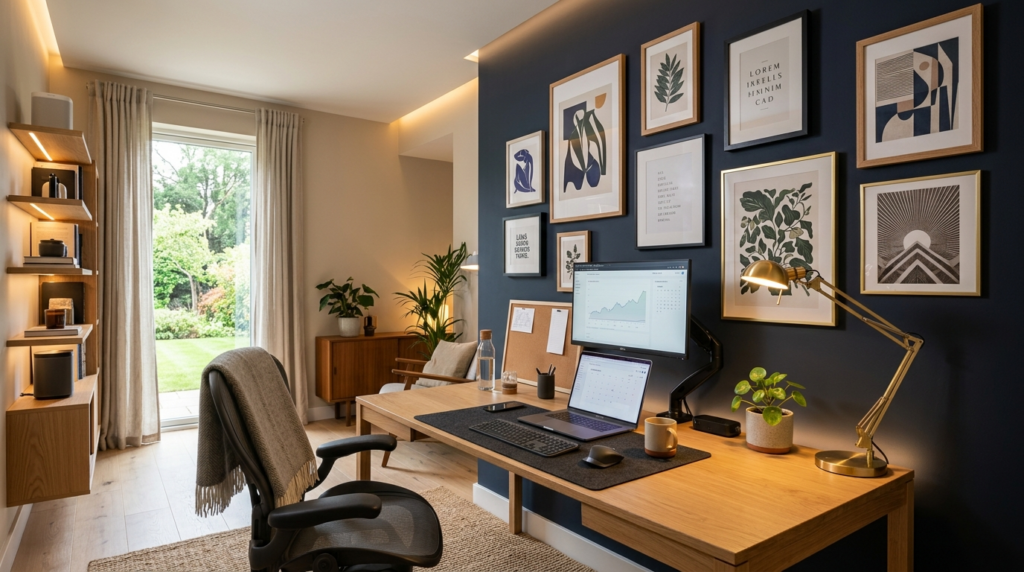 Contemporary smart home office space with curated art poster