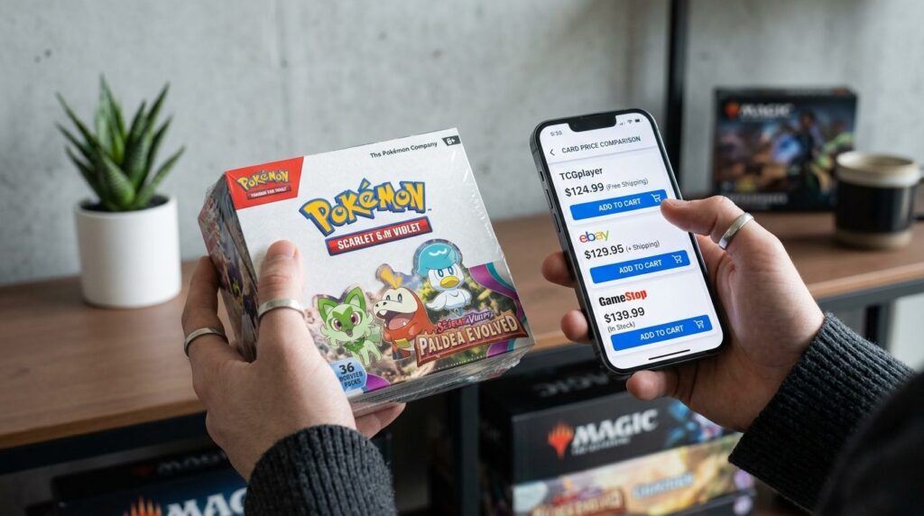 Close-up photorealistic image of hands holding a booster box
