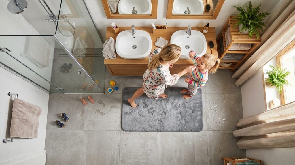 Realistic overhead view of a family bathroom with a soft mic