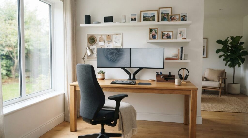 Wide shot of a modern home office workspace with multiple mo