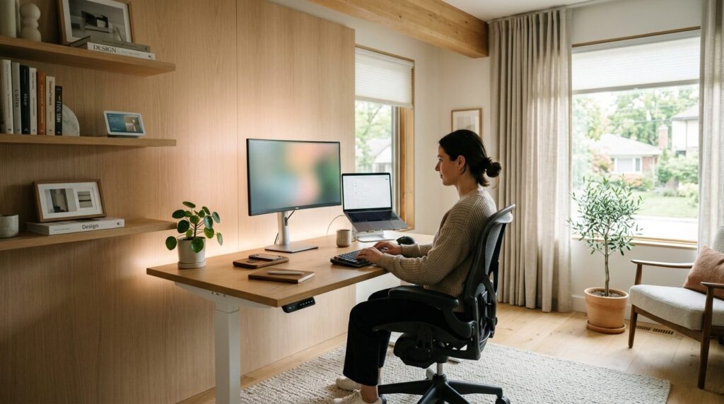 Hjemmekontor med ergonomisk møblering og moderne indretning i samtidigt design.