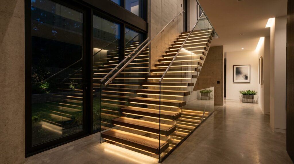 Full staircase interior view illuminated by installed LED st