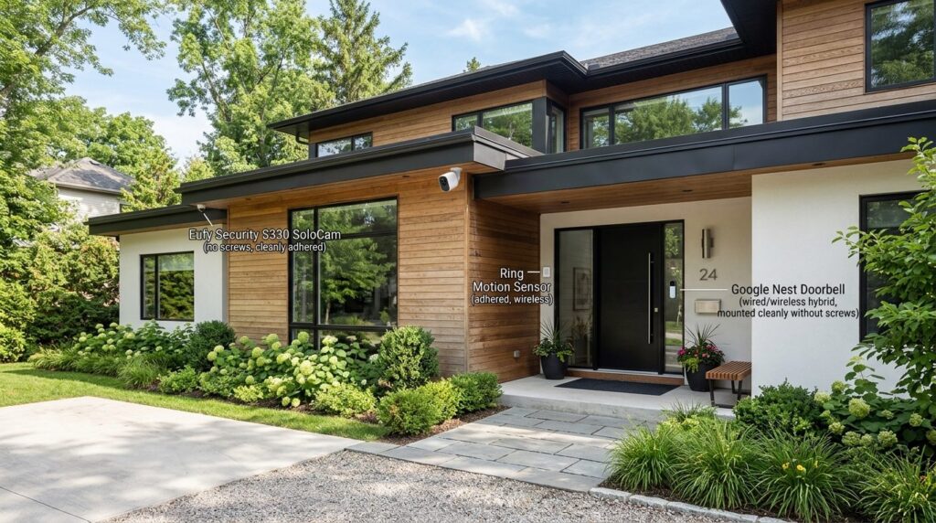 Wide angle shot of a contemporary home exterior with multipl