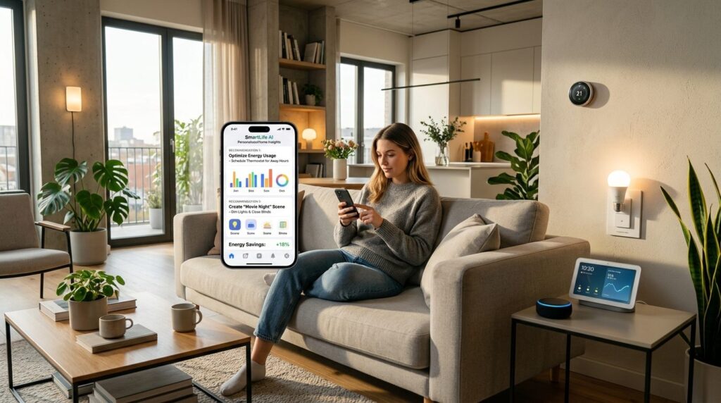 Photorealistic image of a contemporary smart home living roo