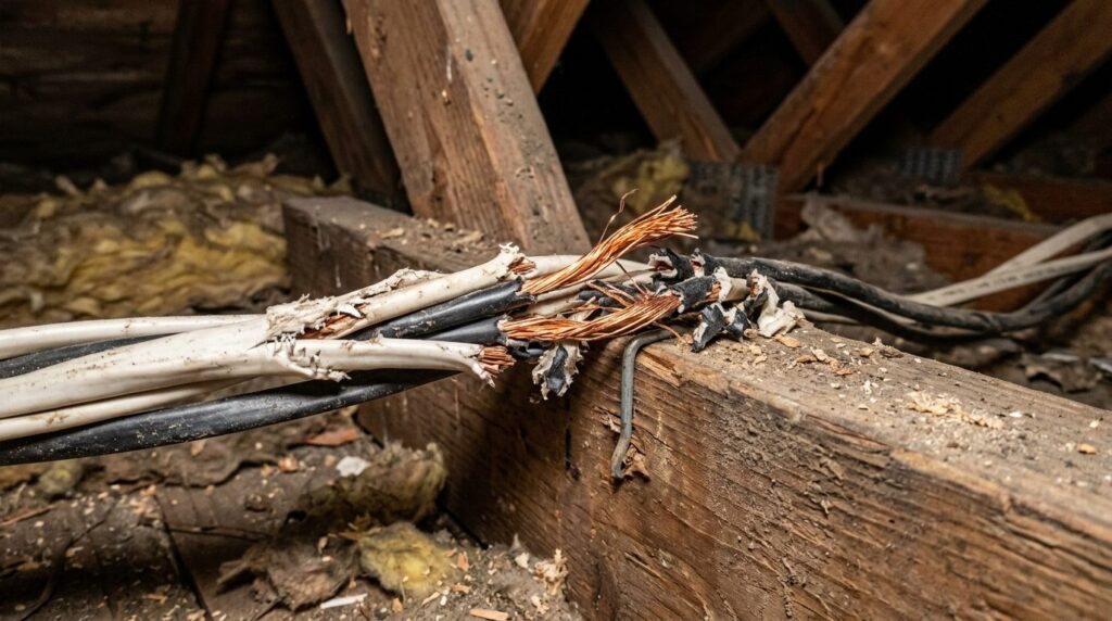 Detailed close-up photograph of damaged electrical wiring in