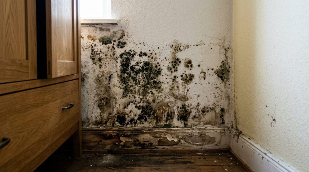 Close-up professional photograph of mold damage behind furni