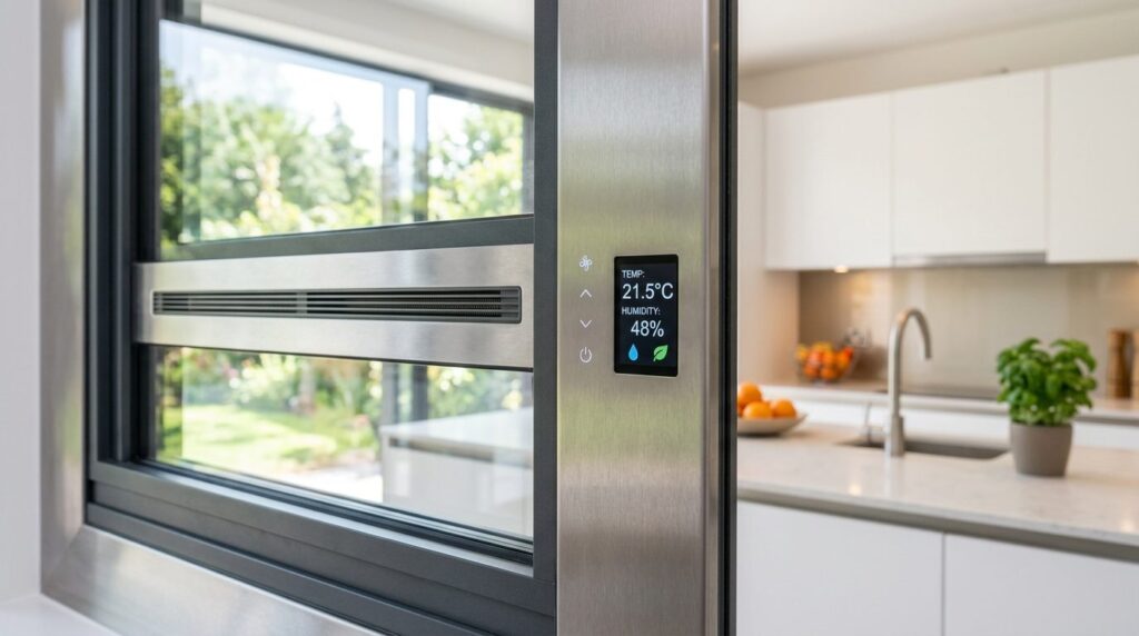 Close-up detail shot of premium kitchen window with integrat