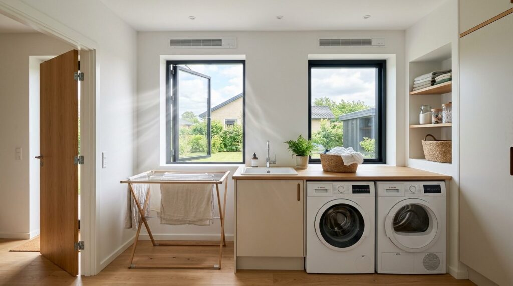 Scandinavian utility room (bryggers) with dual smart windows