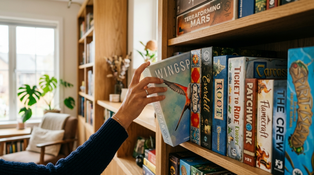 Close-up detail shot of a hand selecting a board game from a