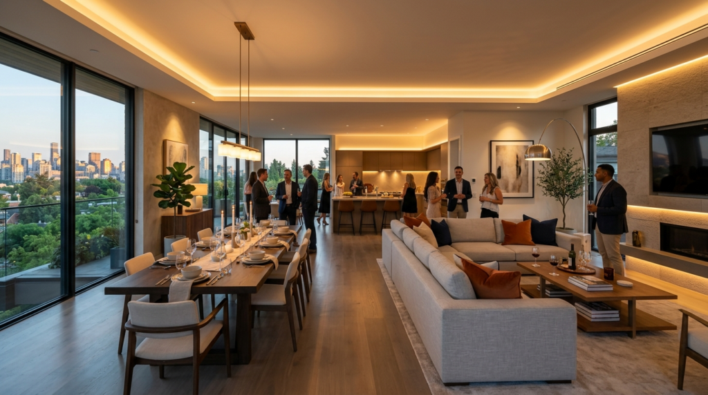 Wide angle interior photograph of a spacious open-plan livin