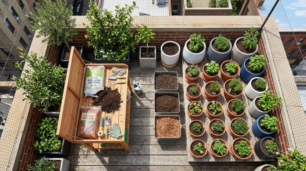 Overhead view of various terracotta and modern planters on a