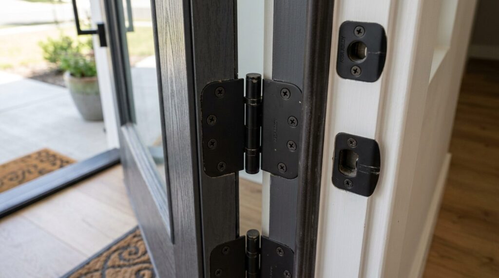 Close-up detail shot of a residential front door hinges and