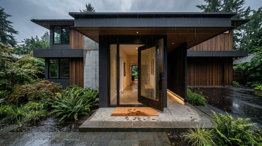 Wide angle view of a contemporary home entrance during rainy