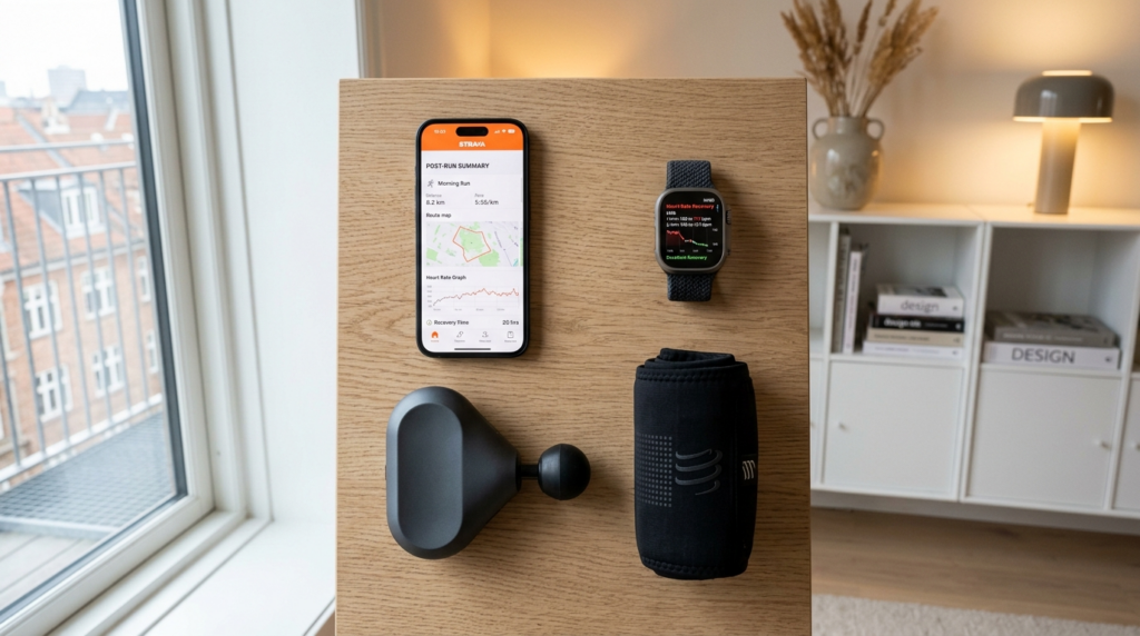 Overhead flat-lay of recovery tech setup on minimalist Scand