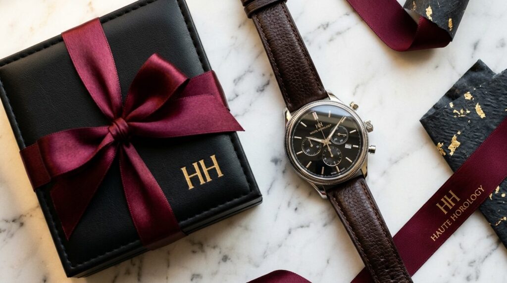 Close-up overhead shot of a sophisticated analog mens watch