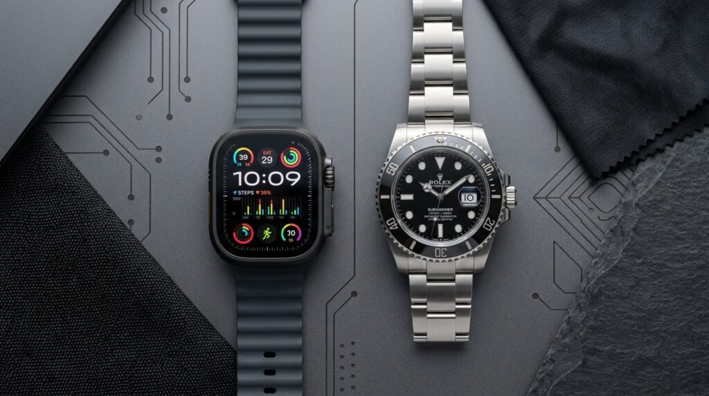 Flat lay comparison photography of a modern smartwatch and a