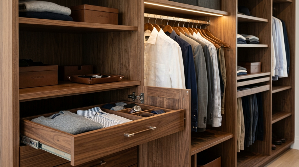 Close-up detail shot of premium custom wooden wardrobe inter