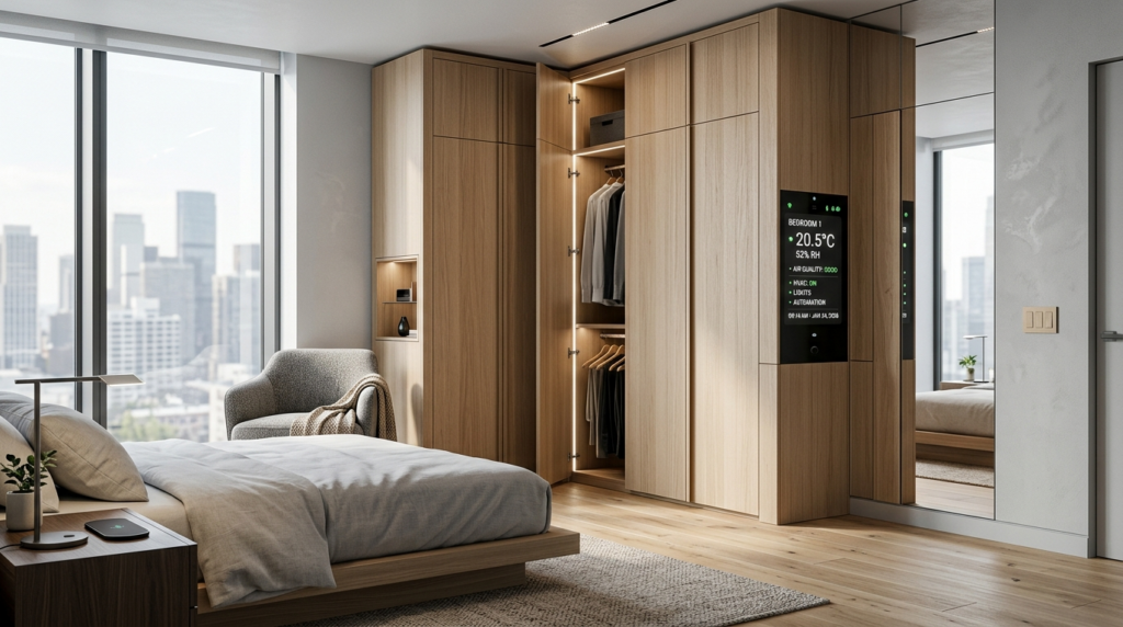 Modern smart home bedroom corner featuring floor-to-ceiling 