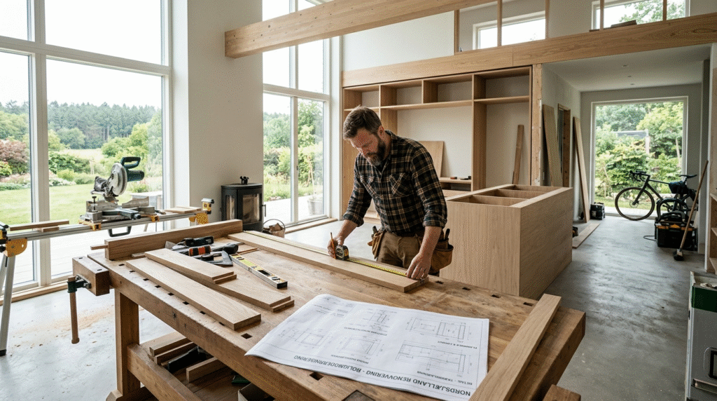 Bredt overblik over moderne renovering af et boligrum med løbende tømrerarbejde.