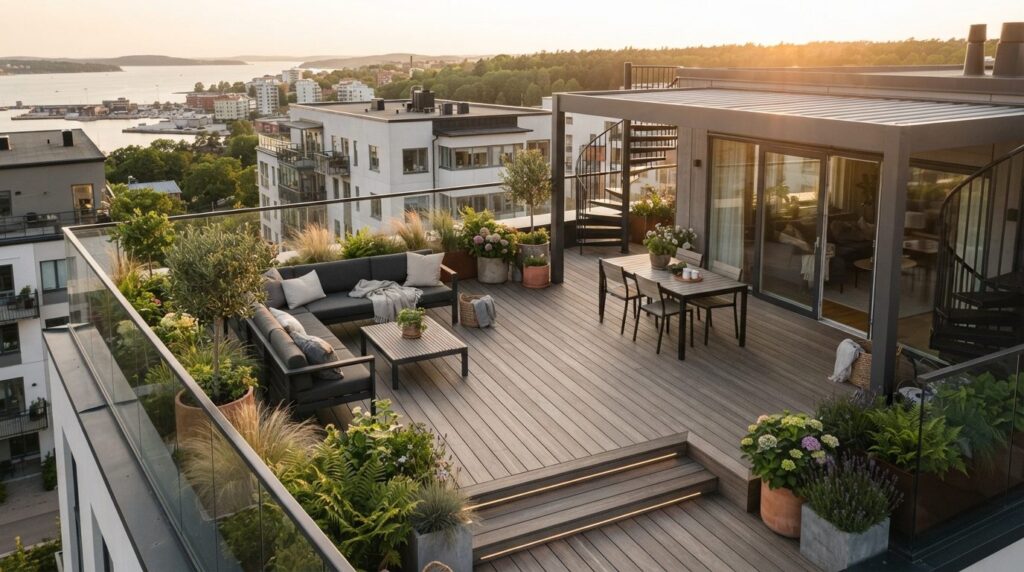 Modern Scandinavian residential terrace from above angle, 16